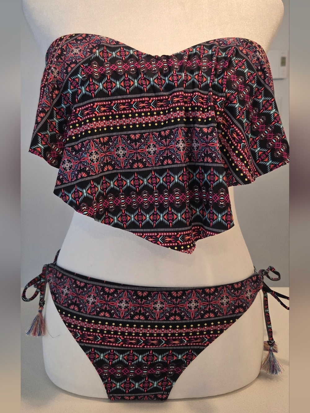 La Vie En Rose Black & Pink Patterned Flounce Bandeau Bikini